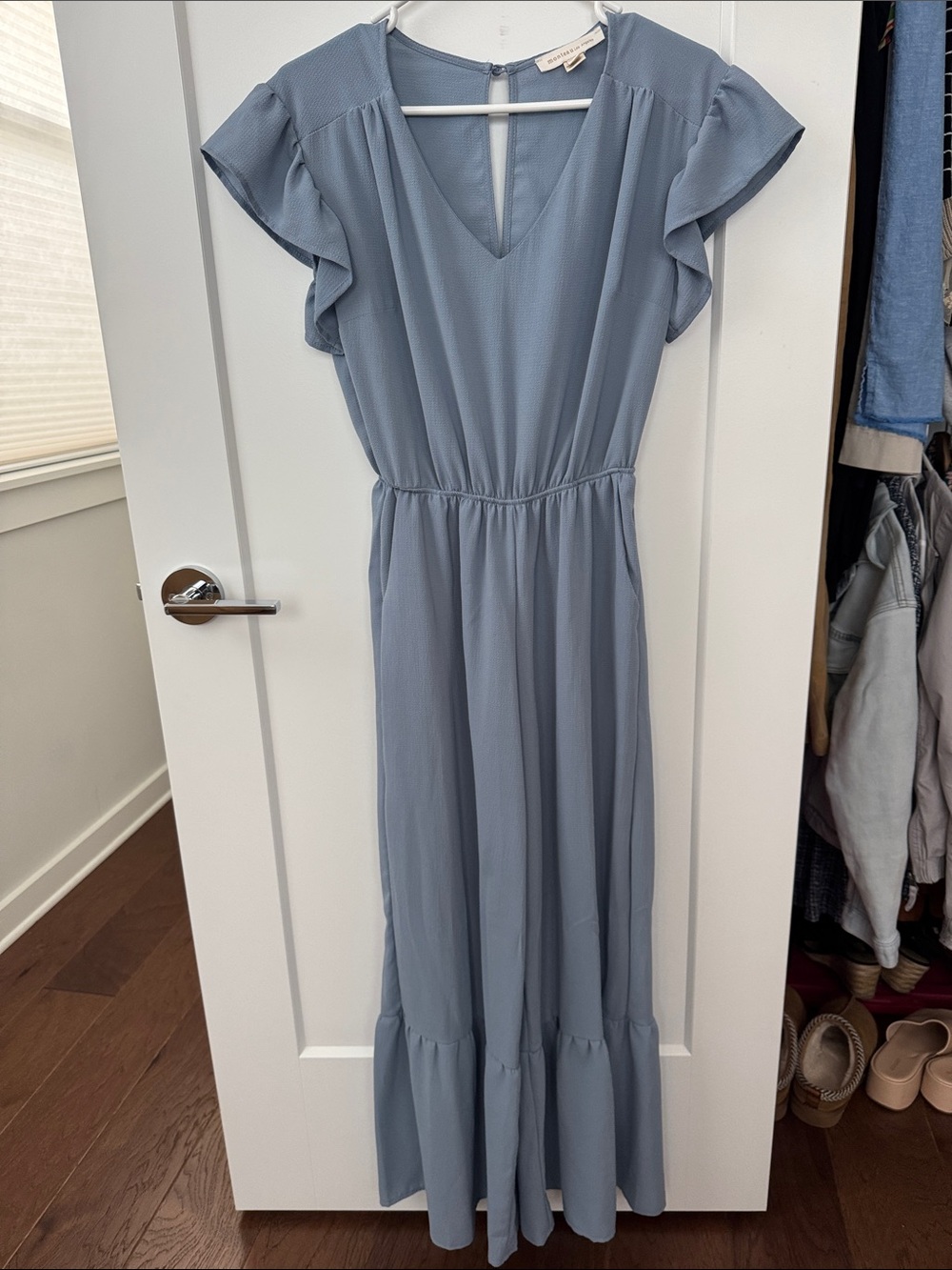 Monteau Pale Blue V-Neck Flutter Sleeve Jumpsuit
